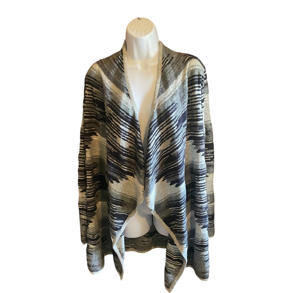 Lucky Brand Open Front Cardigan Sweater Womens Medium Aztec Print Knit Gray